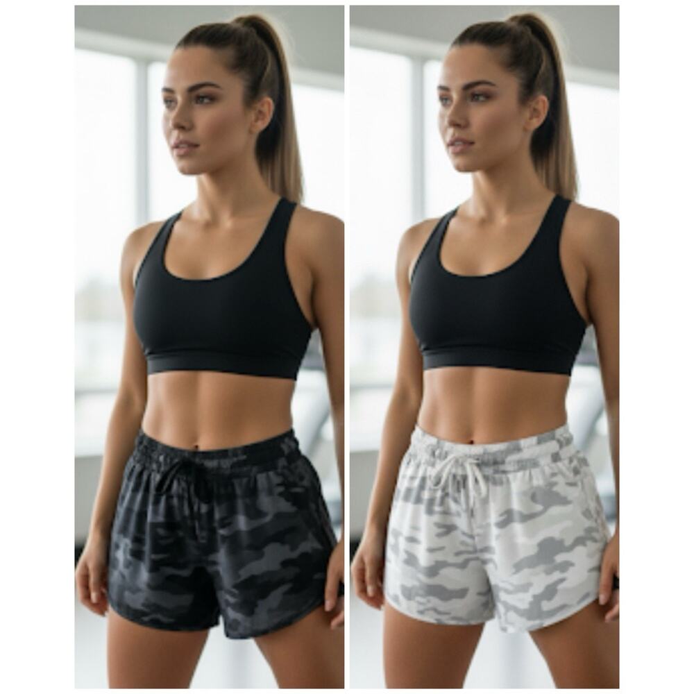 Women’s/Teen Soft Shorts, Set of 2‎ Black Camo/White, Drawstring & Pockets EUC